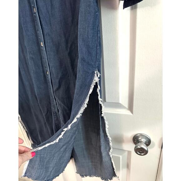 BELLA DAHL Tencel Lyocell Denim Chambray Split Raw Hem Shirt Dress Tab Sleeve M - Picture 6 of 7